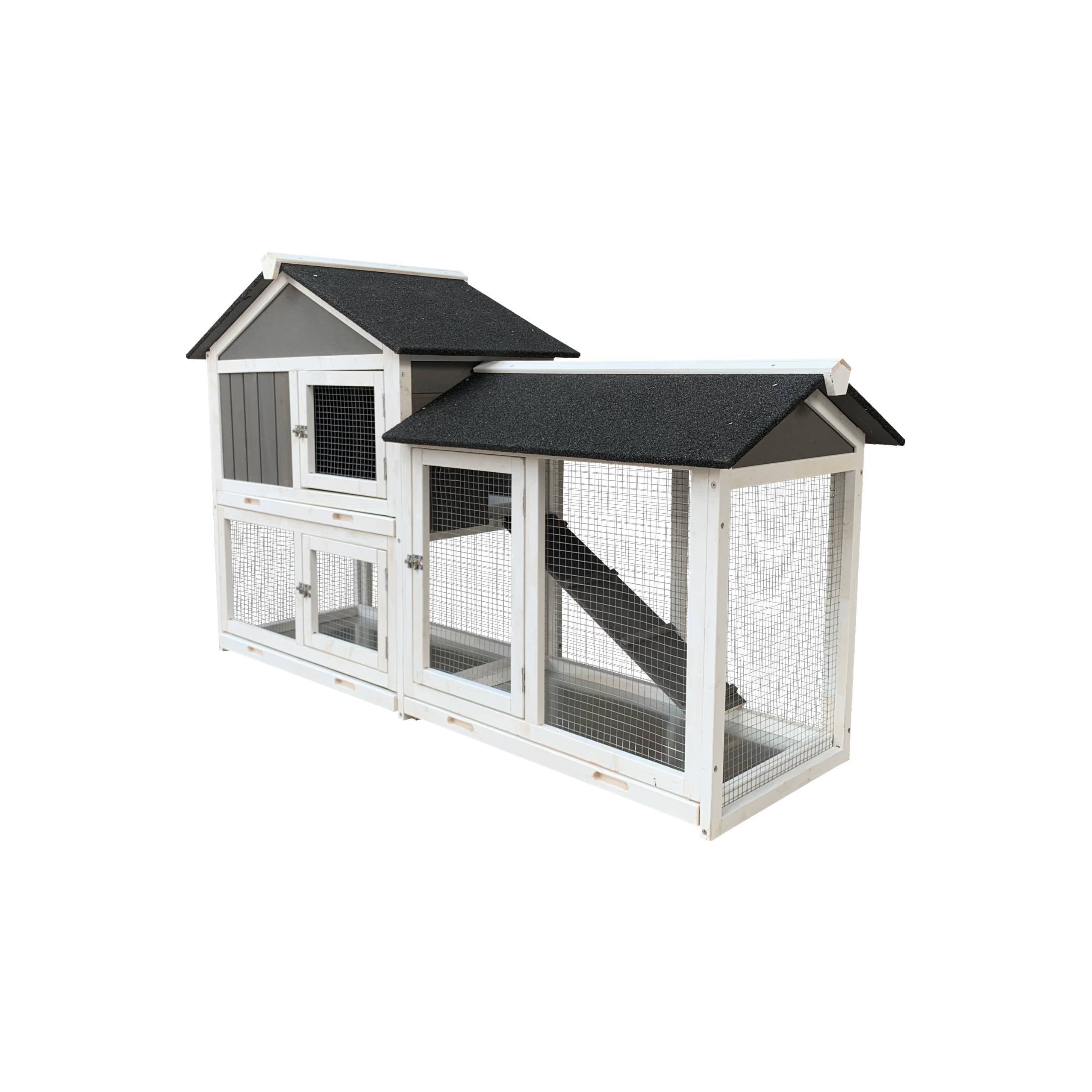 Removable Tray Ramp Wooden Outdoor Rabbit Hutch With Running Cage