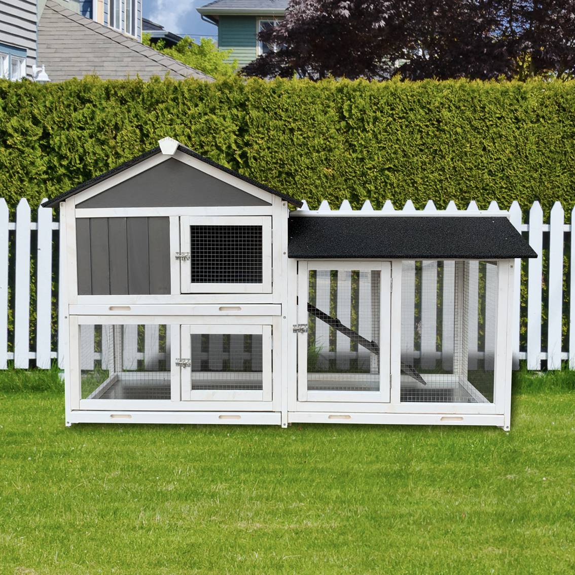 Removable Tray Ramp Wooden Outdoor Rabbit Hutch With Running Cage