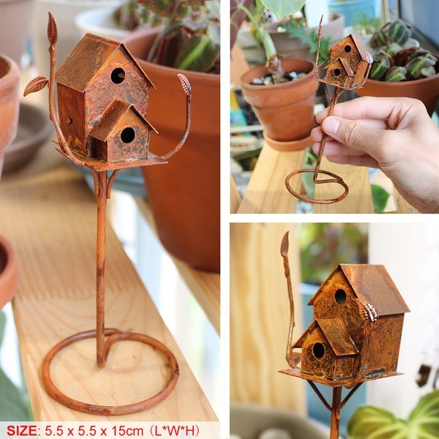 Miniature Rusty Standing Birdcage With Birds Rustic Vintage
