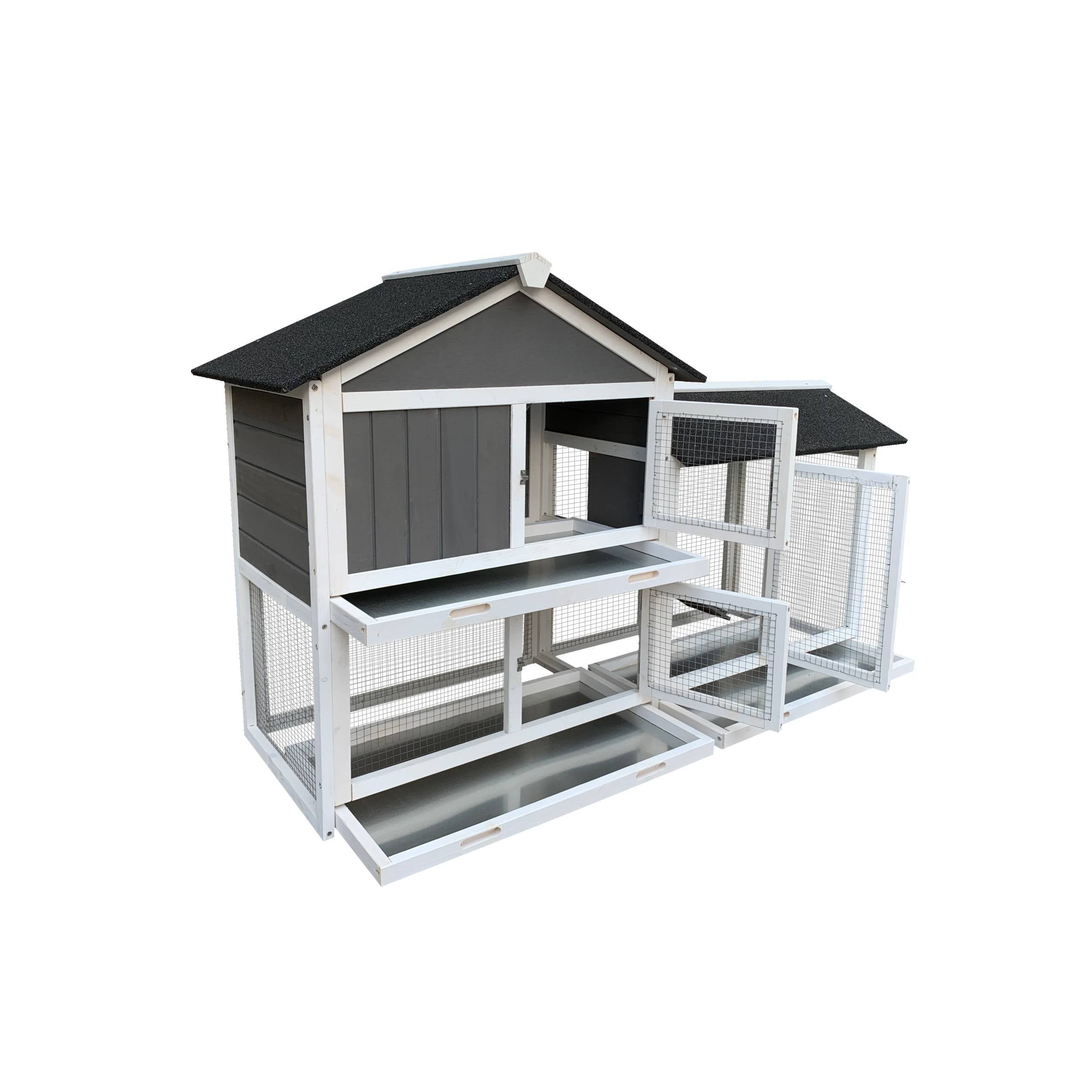 Removable Tray Ramp Wooden Outdoor Rabbit Hutch With Running Cage
